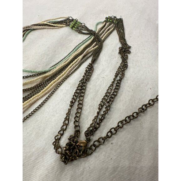 Multilayer Chain & Beaded Necklace With Pastel Green Seed Beads Boho Statement - Picture 2 of 3